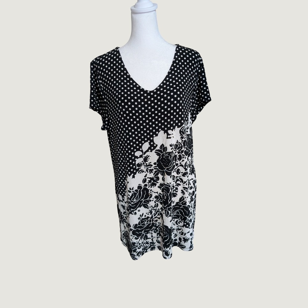 Chicos Travelers Mod Mixed Print Black White Polka Dot Floral Dress Size 2 Large
